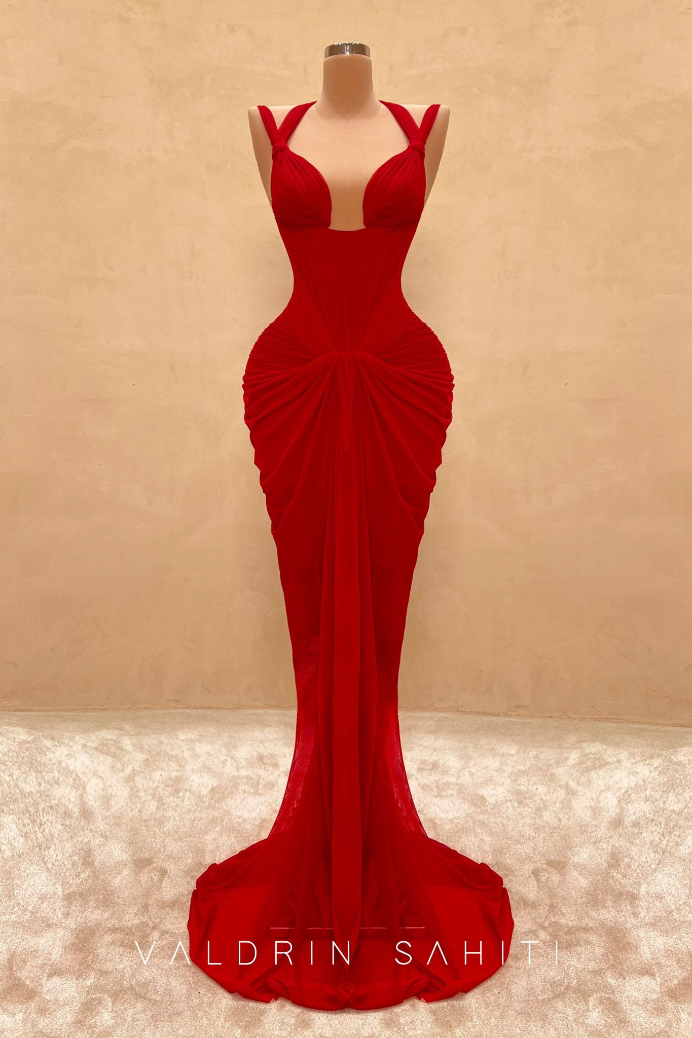 red corset dress long Valdrin Sahiti Red Draped Corset Gown – Luxe Hourglass Silhouette – VALDRIN SAHITI