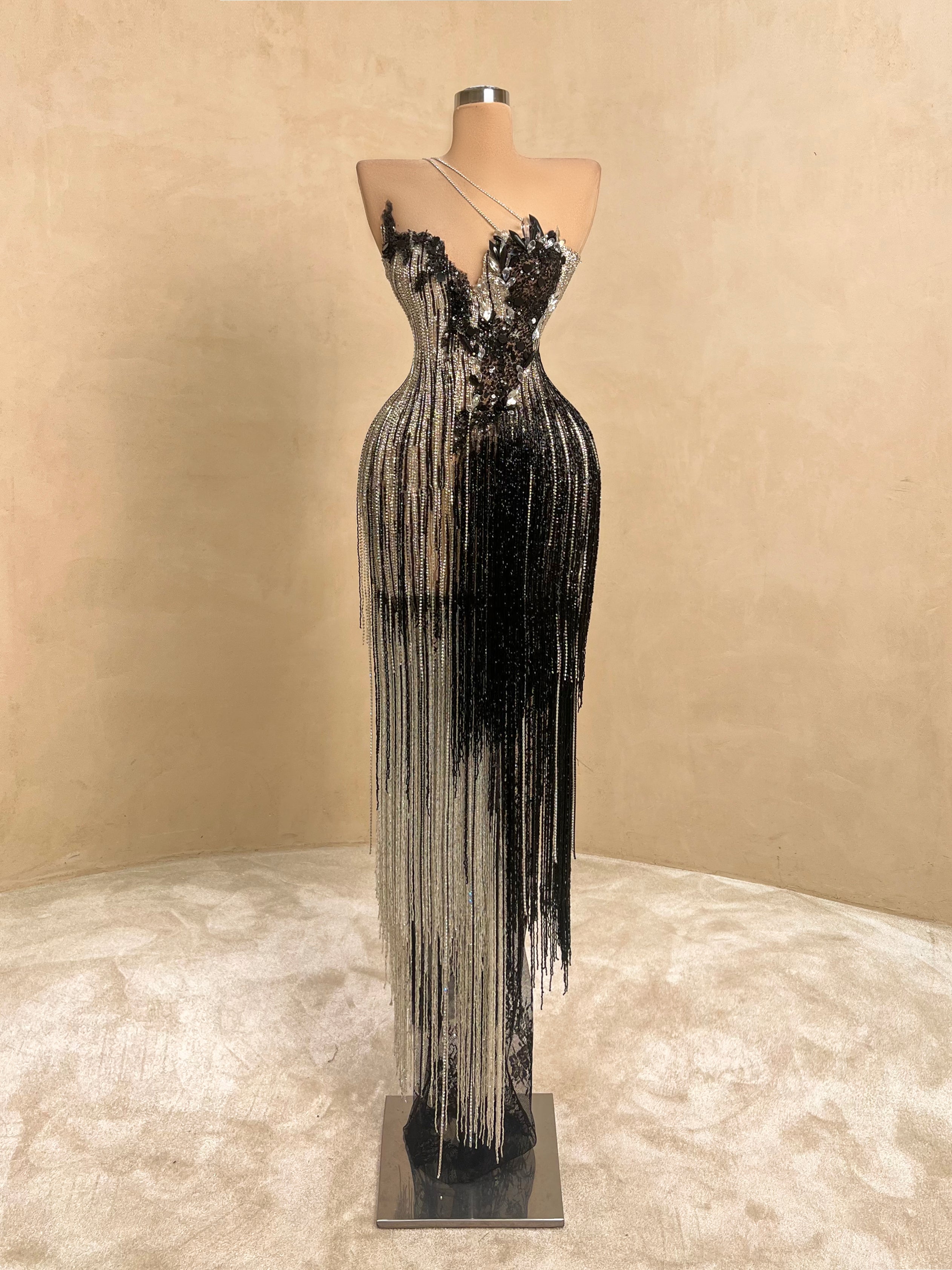 black and silver beaded dress CD846 BEADED Black SILVER FIT & FLARE GOWN Size 14