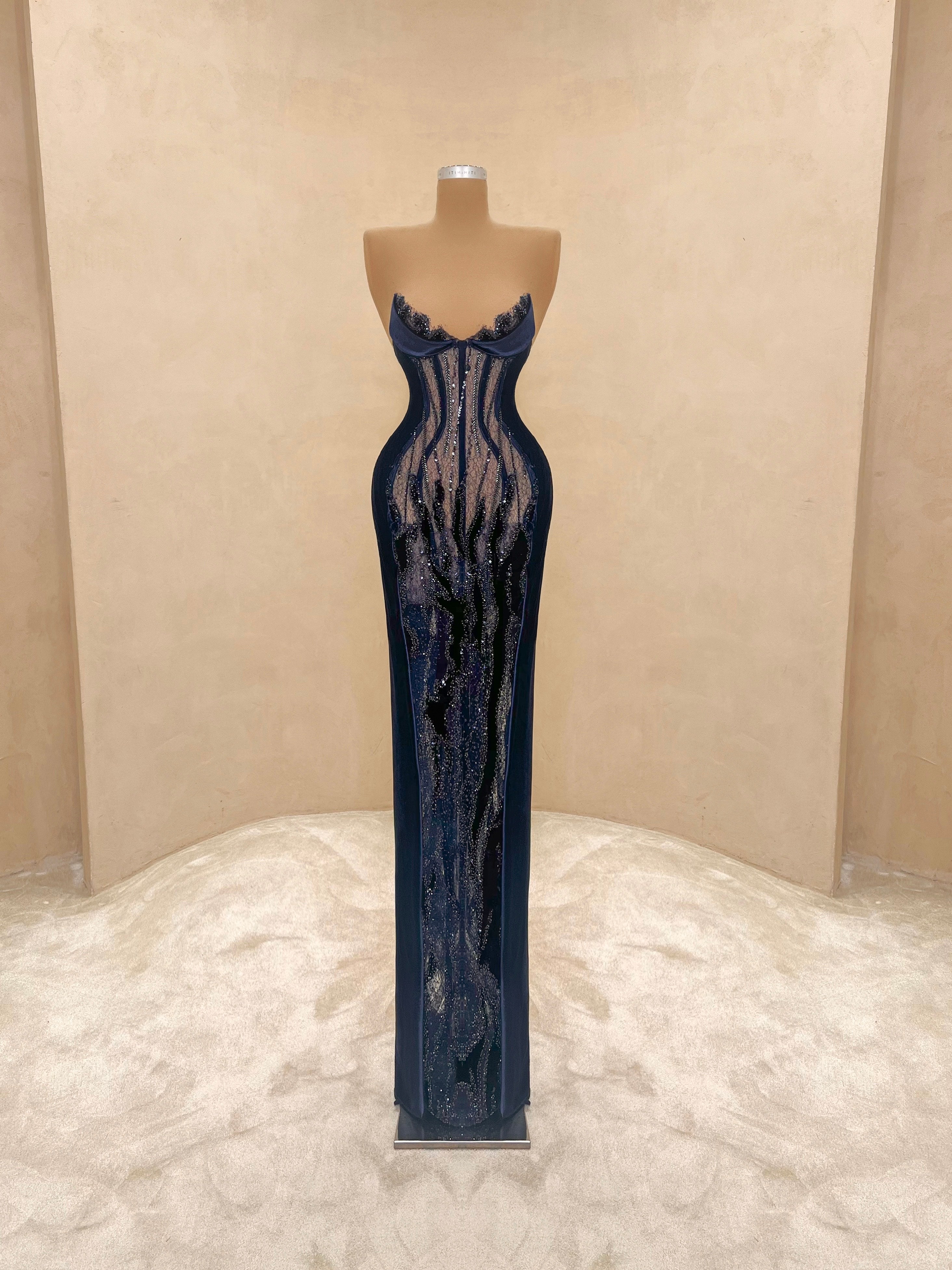 Black Illusion Gown with Navy Velvet Embroidery VALDRIN SAHITI Black Illusion Gown with Navy Velvet Embroidery VALDRIN SAHITI