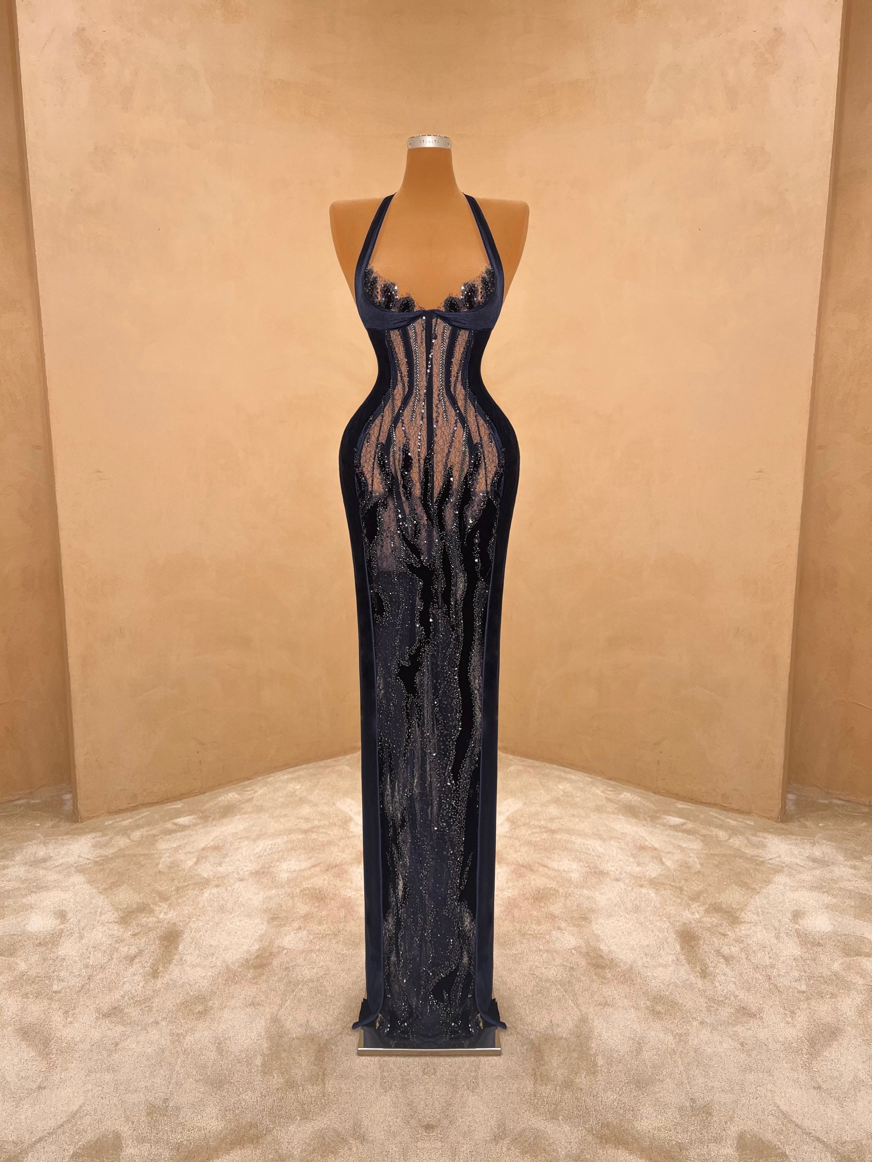 Black Illusion Gown with Navy Velvet Embroidery VALDRIN SAHITI Black Illusion Gown with Navy Velvet Embroidery VALDRIN SAHITI