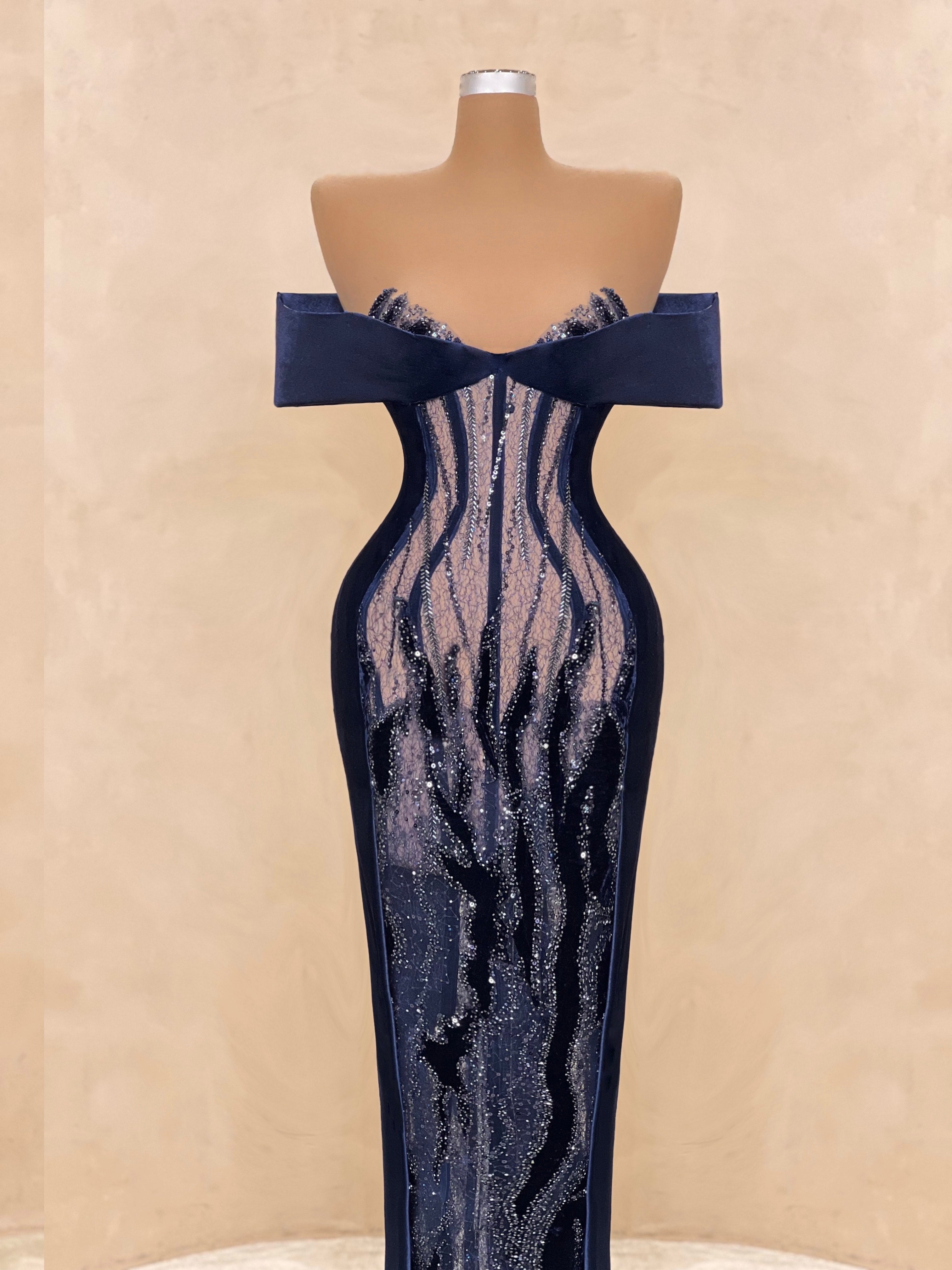Black Illusion Gown with Navy Velvet Embroidery VALDRIN SAHITI Black Illusion Gown with Navy Velvet Embroidery VALDRIN SAHITI