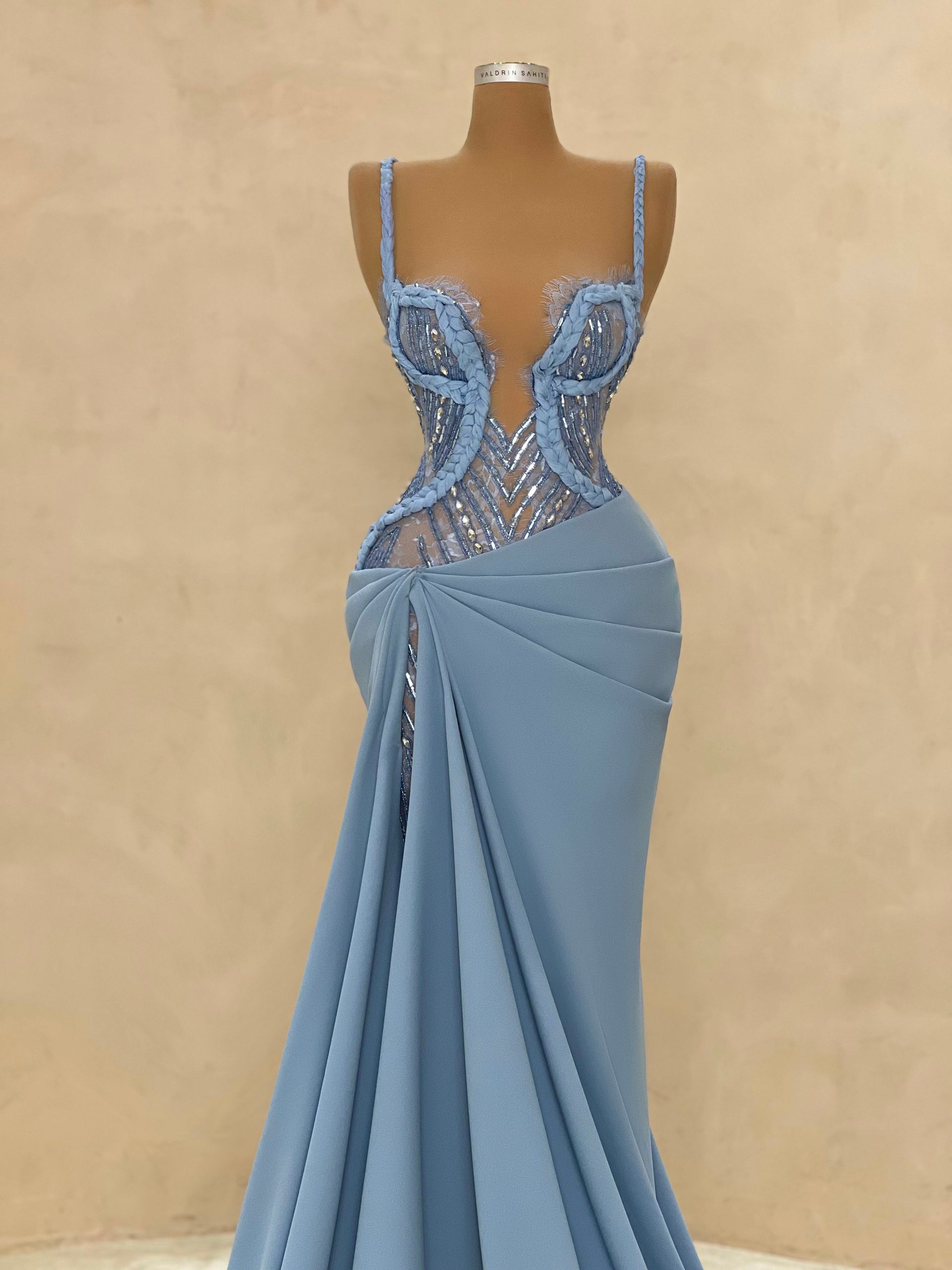 Light Blue Draped Crystal Mesh Evening Dress  VALDRIN SAHITI