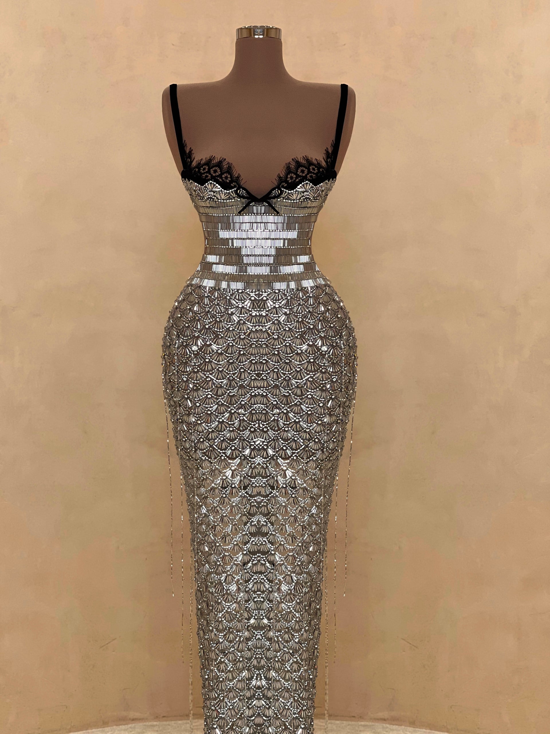 Crystal Embellished Slit Evening Gown VALDRIN SAHITI Crystal Embellished Slit Evening Gown VALDRIN SAHITI
