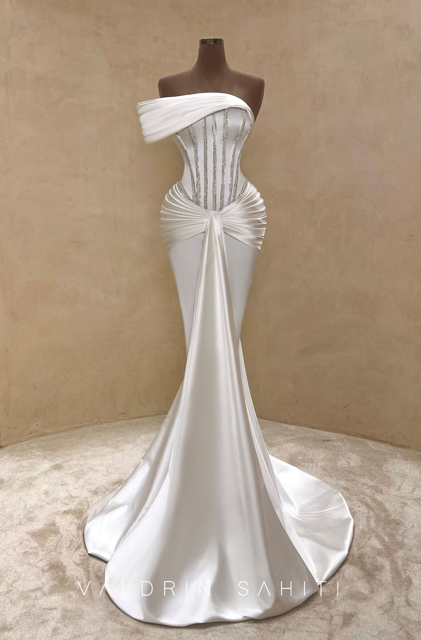 Sculptural White Bridal Gown with Crystal Corset