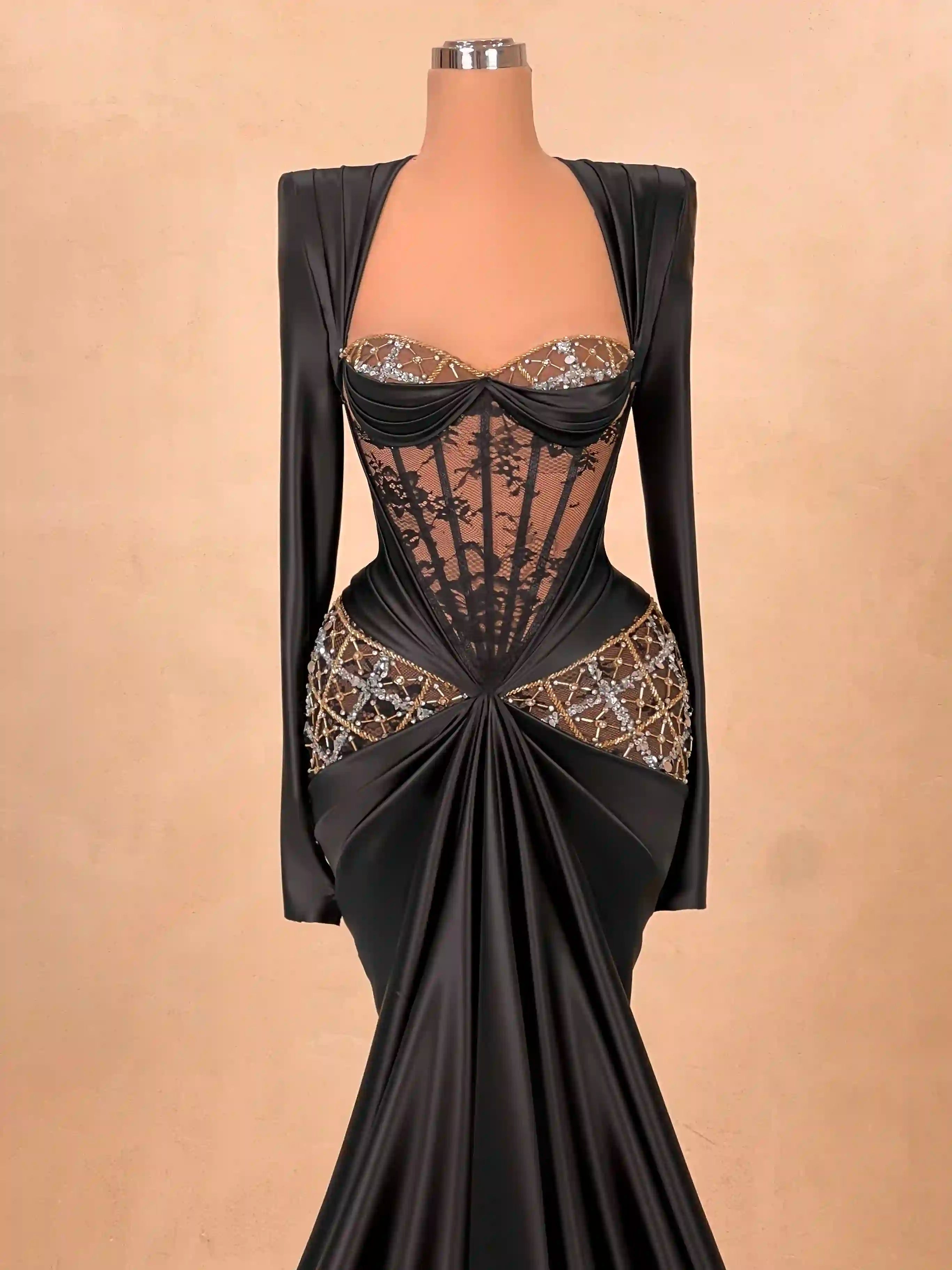 Black & Gold Embroidered Corset Gown with Cape VALDRIN SAHITI Black & Gold Embroidered Corset Gown with Cape VALDRIN SAHITI