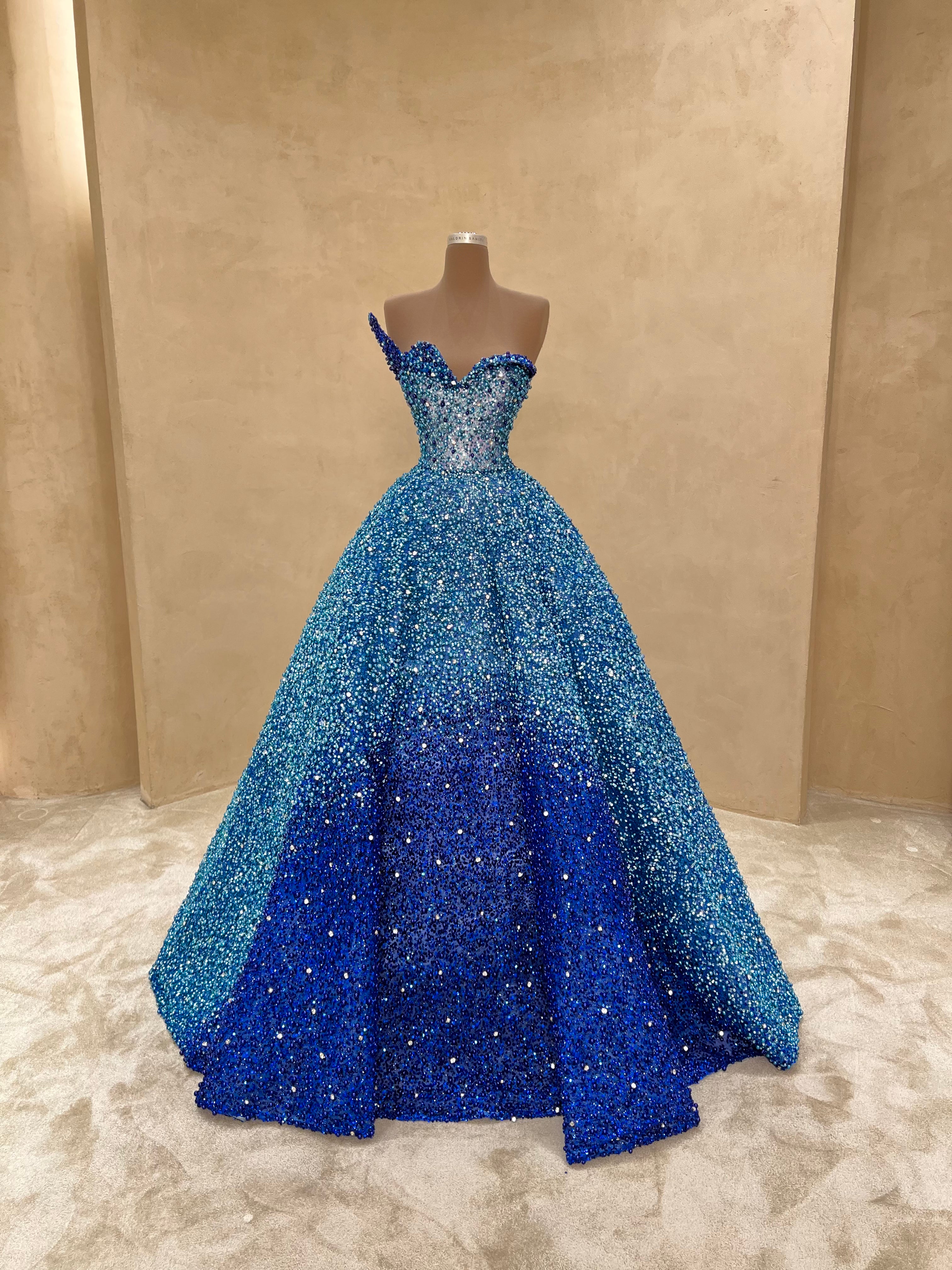 Blue Ombr Crystal Embellished Ball Gown VALDRIN SAHITI Blue Ombr Crystal Embellished Ball Gown VALDRIN SAHITI
