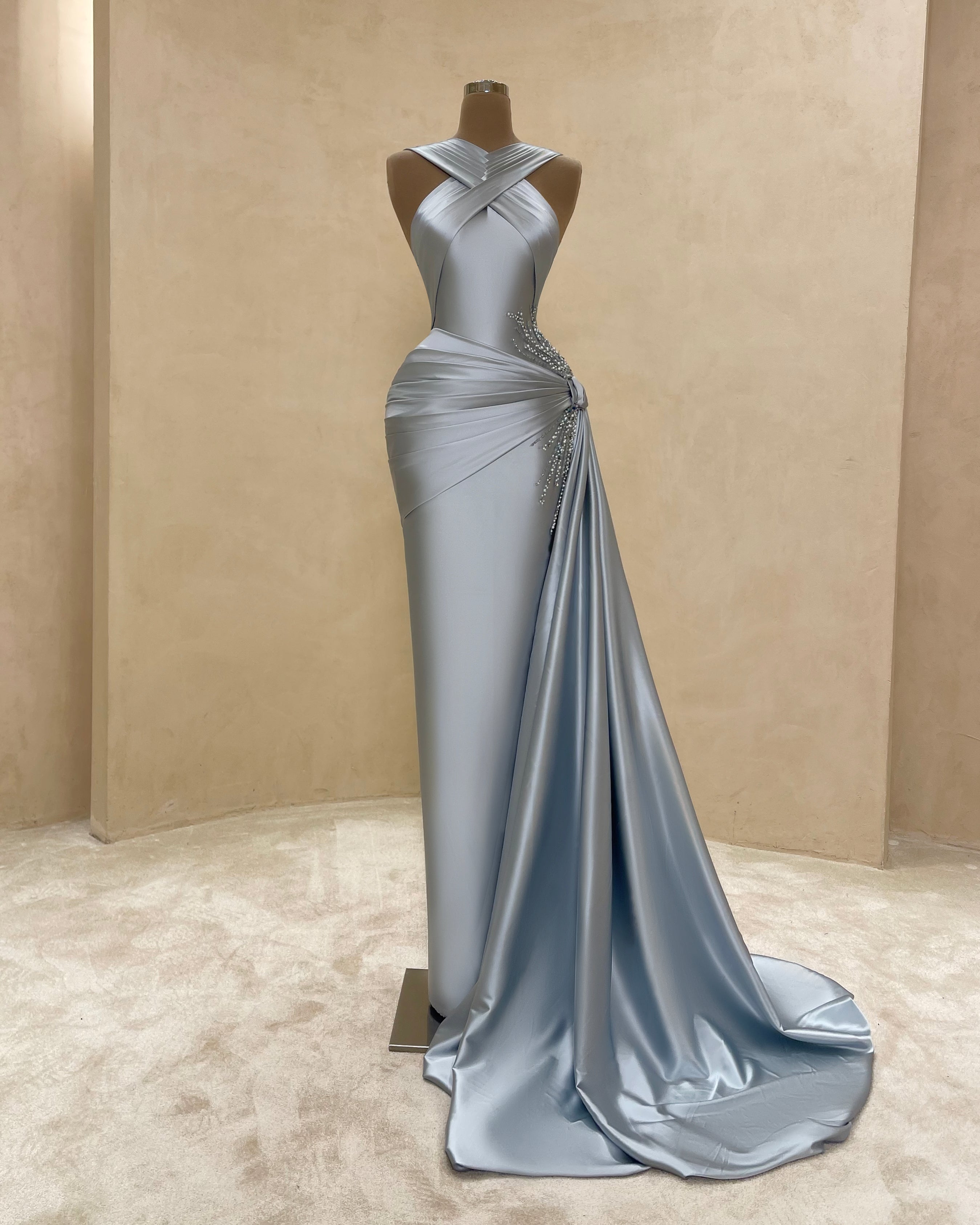 Silver Halter Ruched Metallic Gown with Slit VALDRIN SAHITI Silver Halter Ruched Metallic Gown with Slit VALDRIN SAHITI