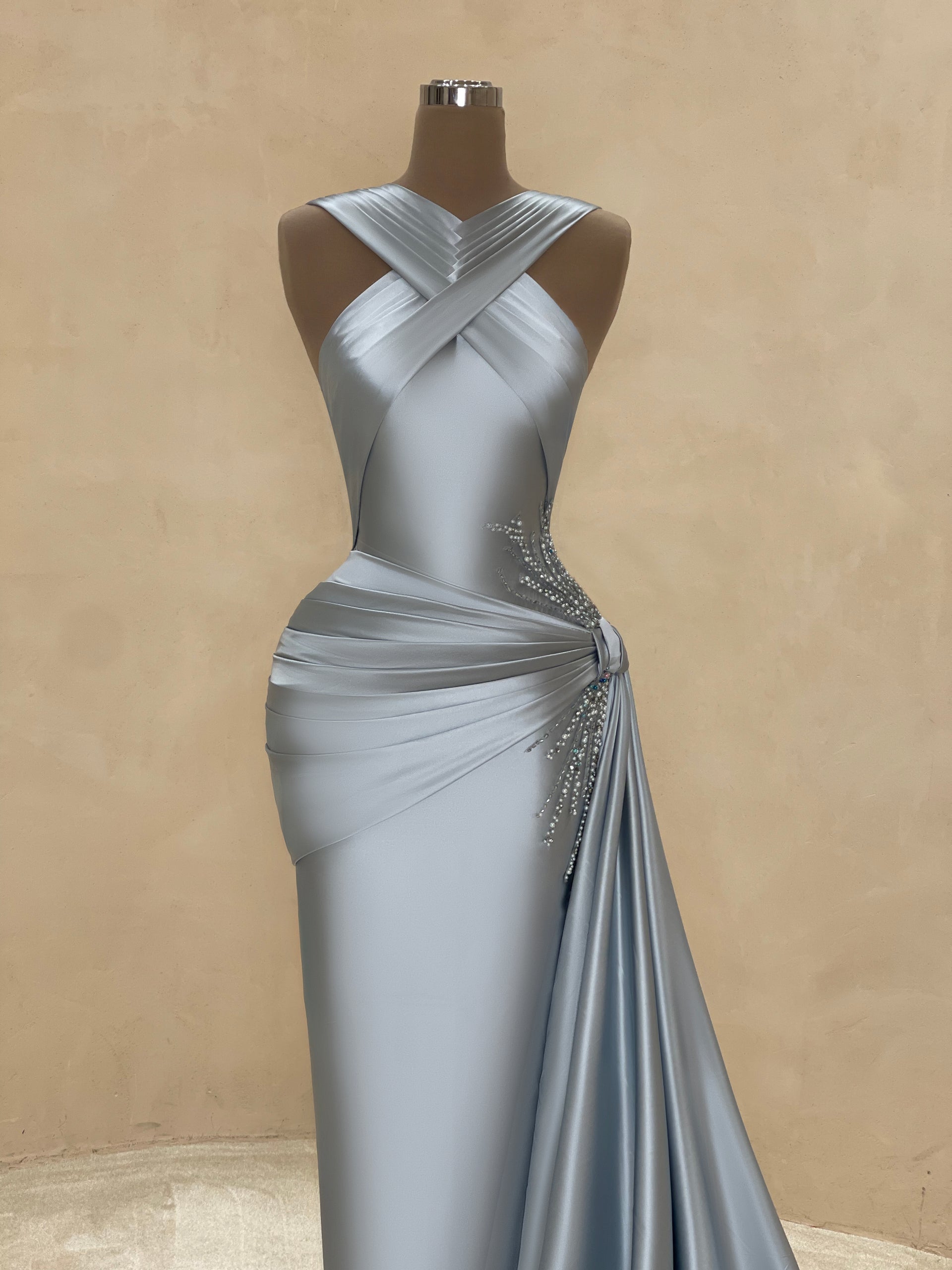 Silver Halter Ruched Metallic Gown with Slit VALDRIN SAHITI Silver Halter Ruched Metallic Gown with Slit VALDRIN SAHITI
