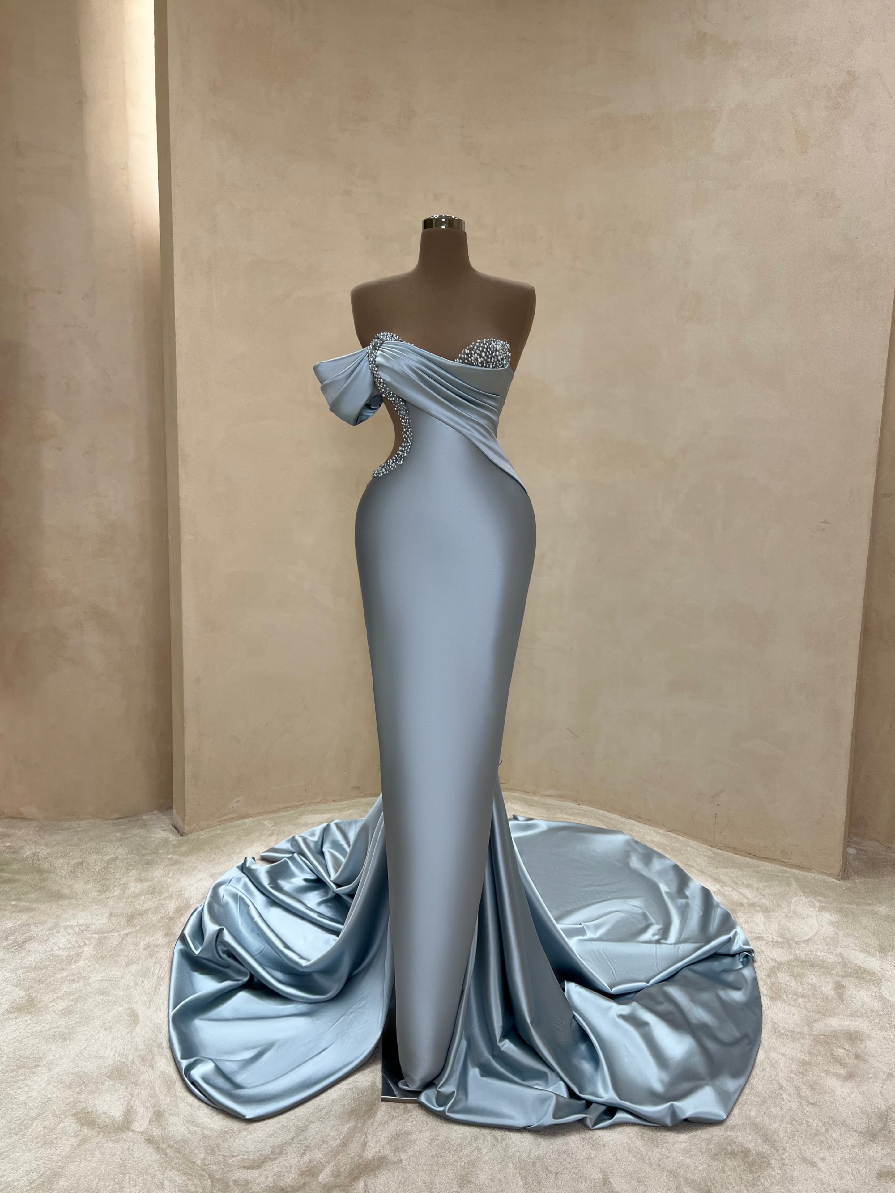 Silver Halter Ruched Metallic Gown with Slit VALDRIN SAHITI Silver Halter Ruched Metallic Gown with Slit VALDRIN SAHITI