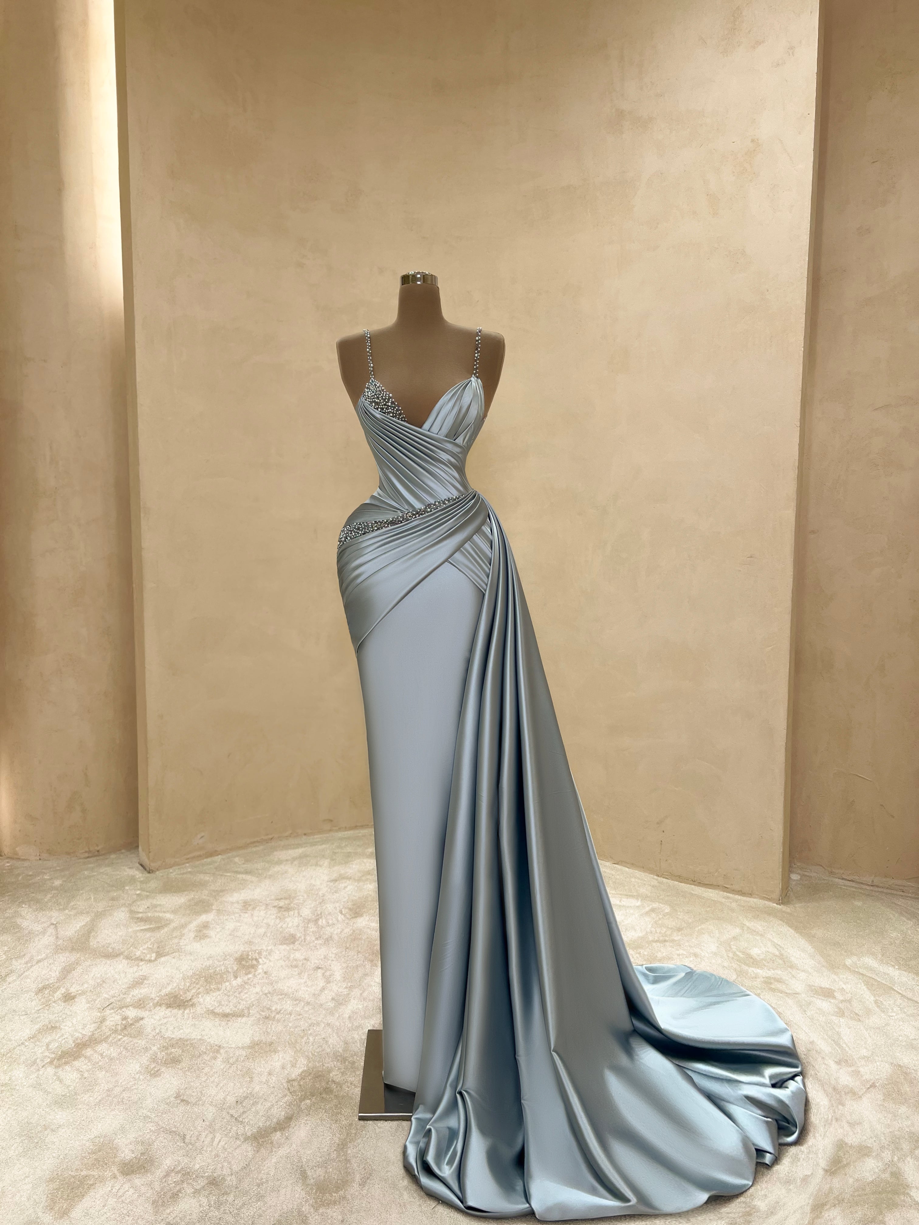 Silver Halter Ruched Metallic Gown with Slit – VALDRIN SAHITI Silver Halter Ruched Metallic Gown with Slit – VALDRIN SAHITI