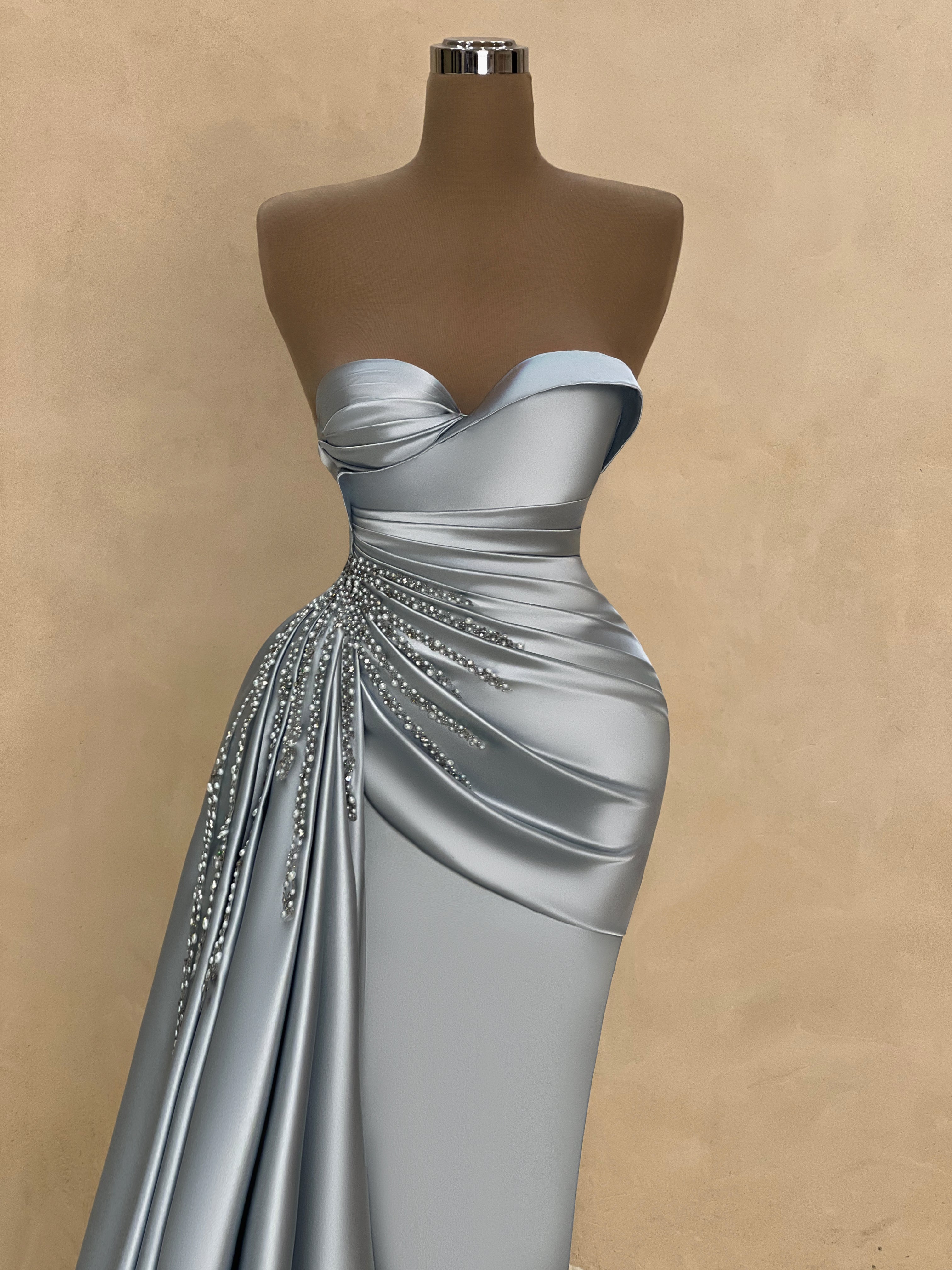 Silver Halter Ruched Metallic Gown with Slit VALDRIN SAHITI Silver Halter Ruched Metallic Gown with Slit VALDRIN SAHITI