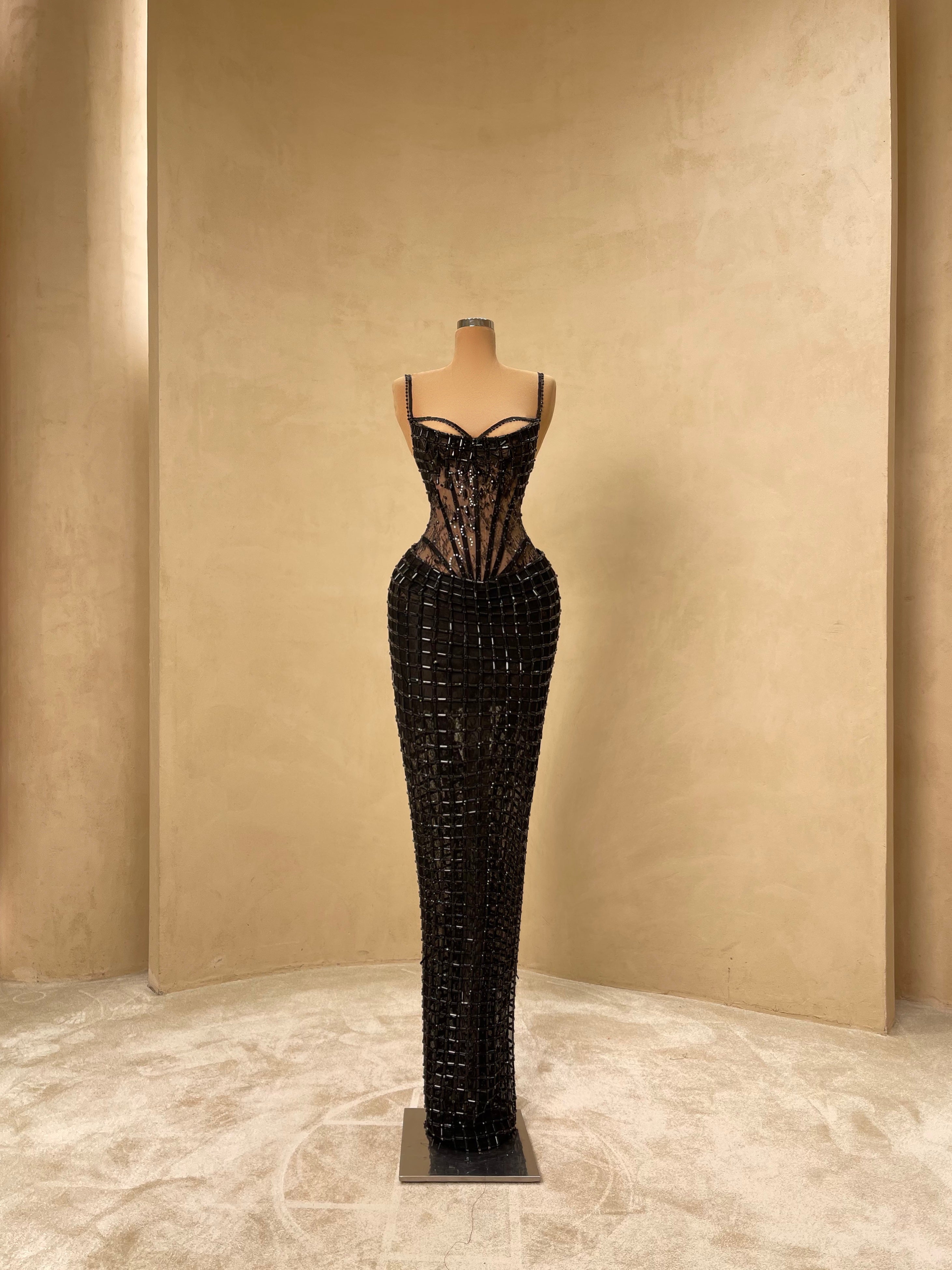 Black Crystal Corset Gown with Sheer Structure VALDRIN SAHITI Black Crystal Corset Gown with Sheer Structure VALDRIN SAHITI