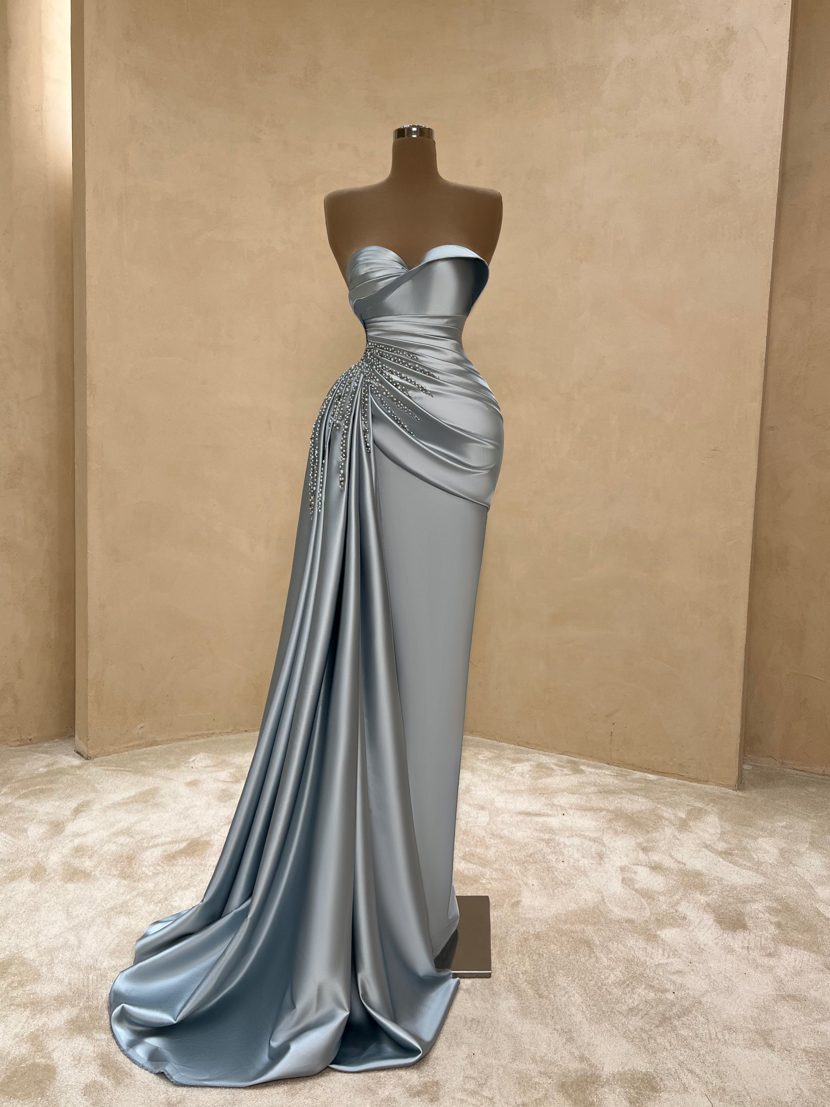 Silver Halter Ruched Metallic Gown with Slit VALDRIN SAHITI Silver Halter Ruched Metallic Gown with Slit VALDRIN SAHITI