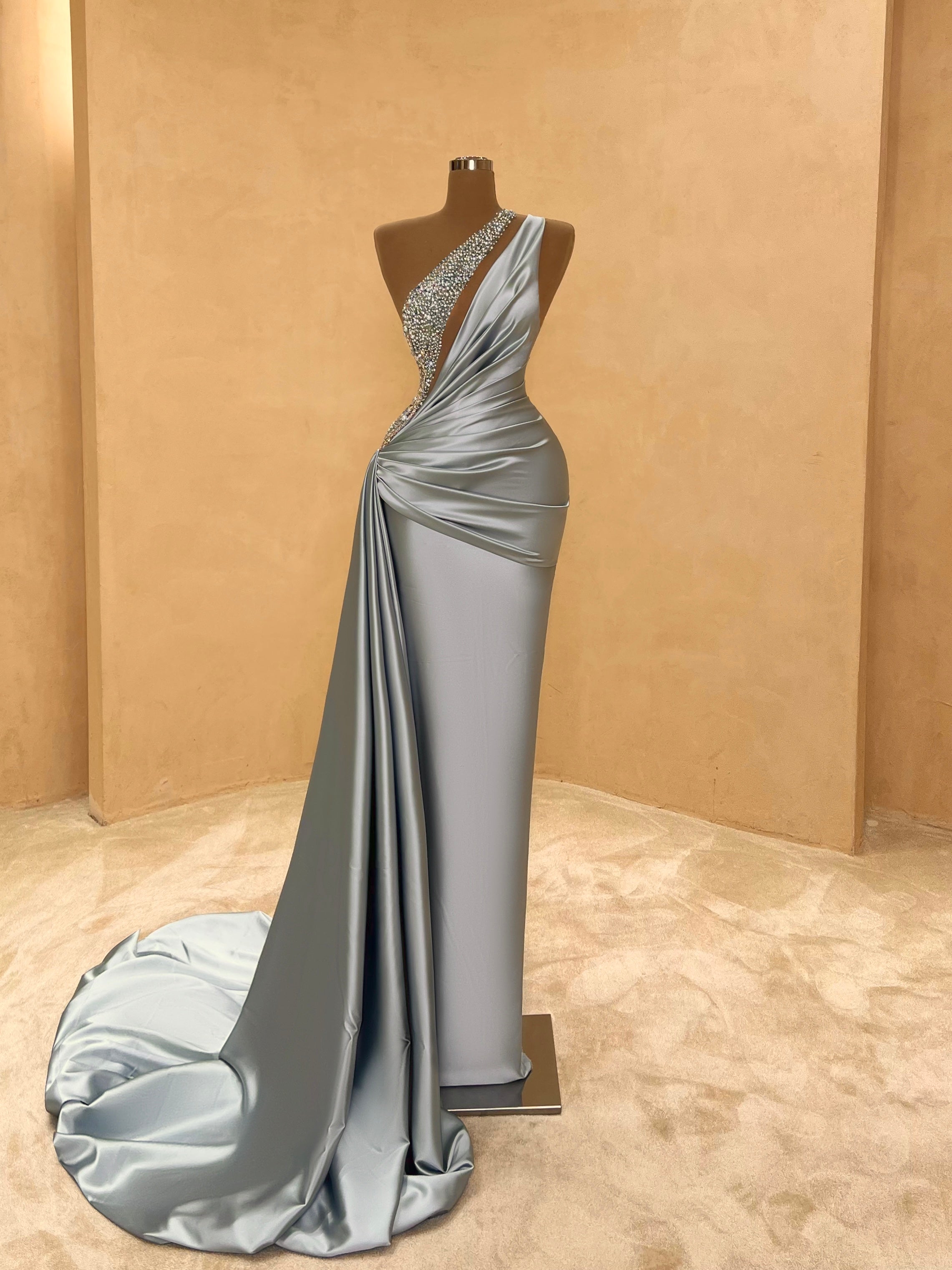Silver Halter Ruched Metallic Gown with Slit VALDRIN SAHITI Silver Halter Ruched Metallic Gown with Slit VALDRIN SAHITI