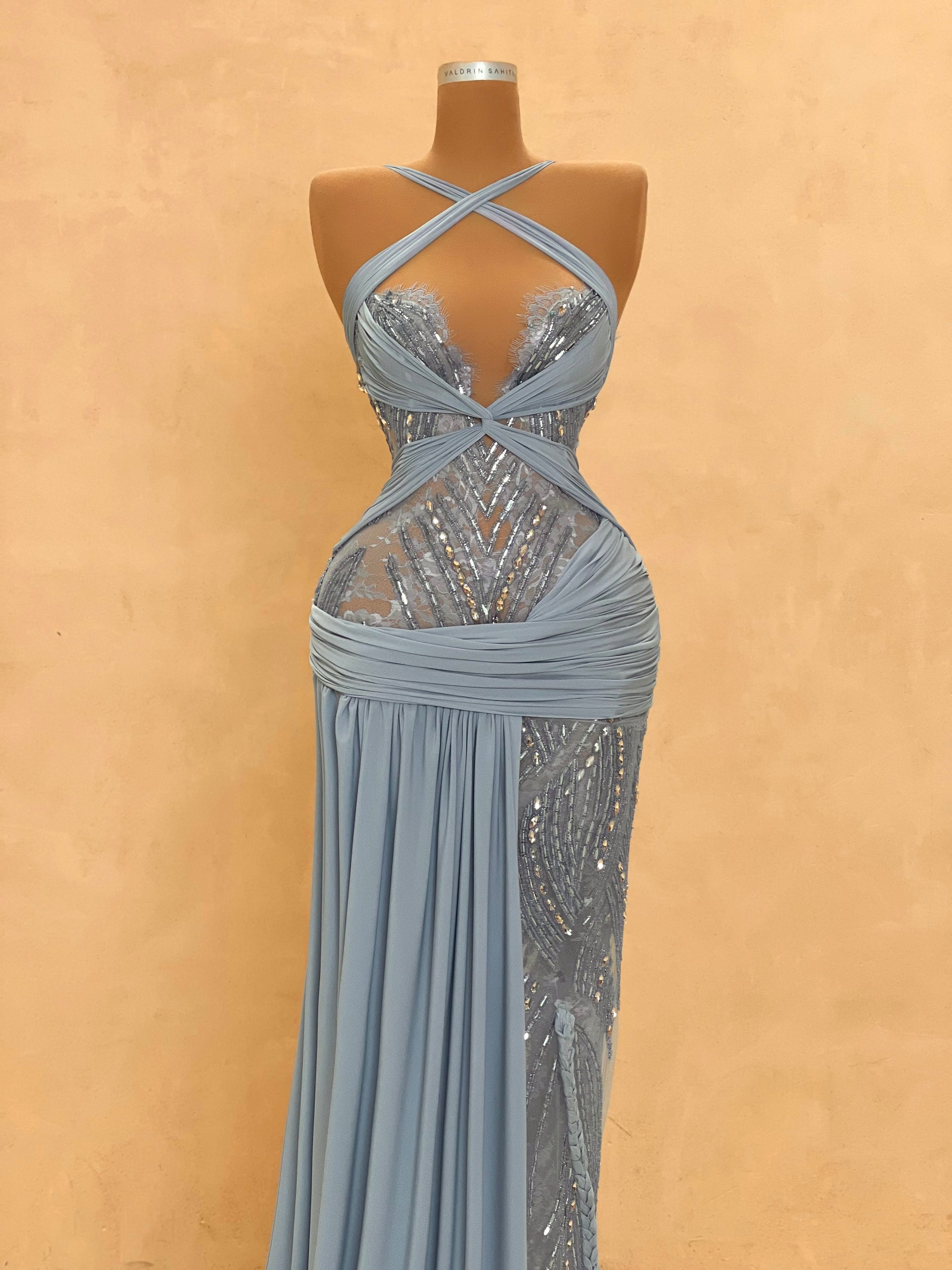 Light Blue Draped Crystal Mesh Evening Dress – VALDRIN SAHITI