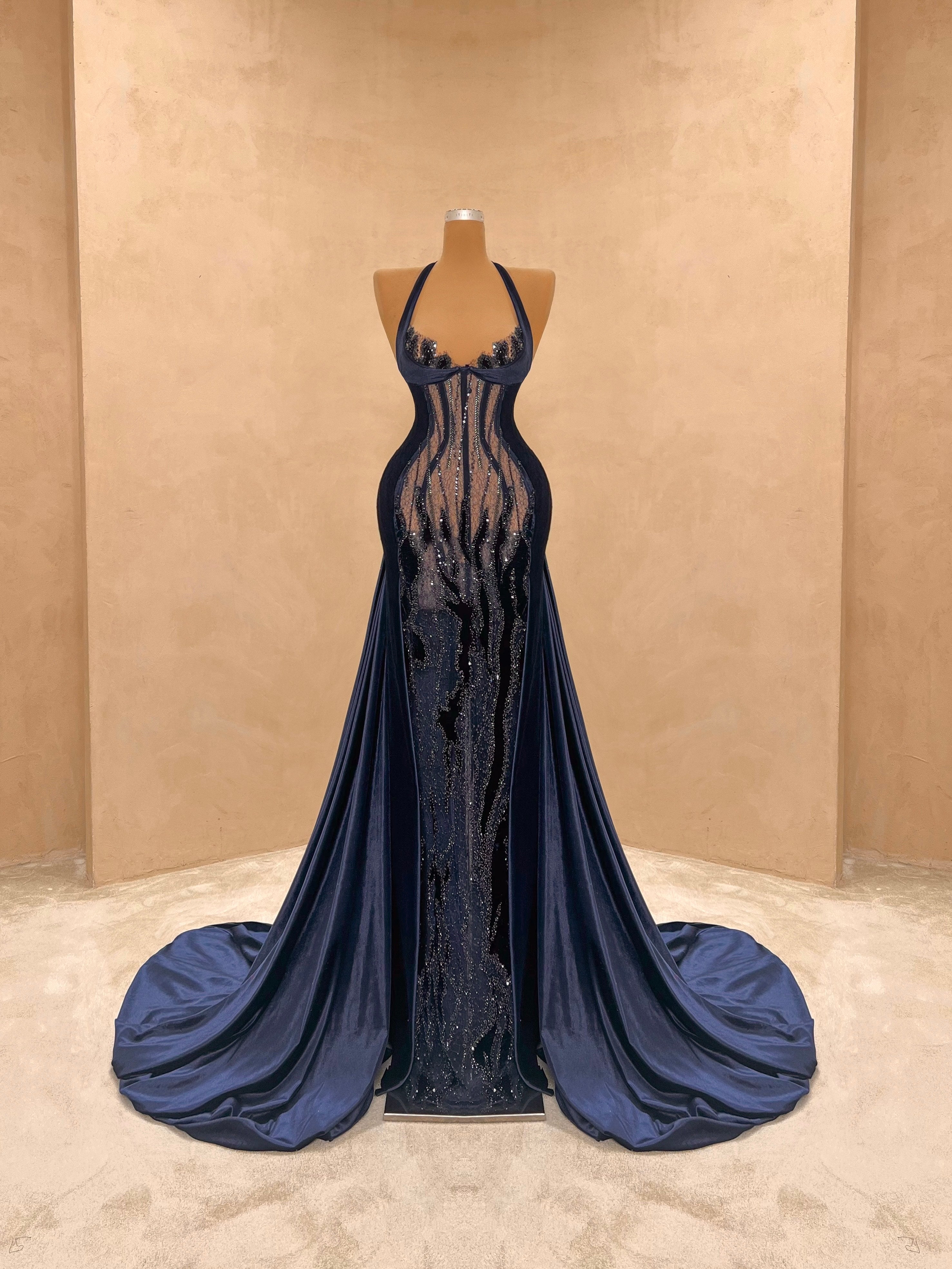 Black Illusion Gown with Navy Velvet Embroidery VALDRIN SAHITI Black Illusion Gown with Navy Velvet Embroidery VALDRIN SAHITI