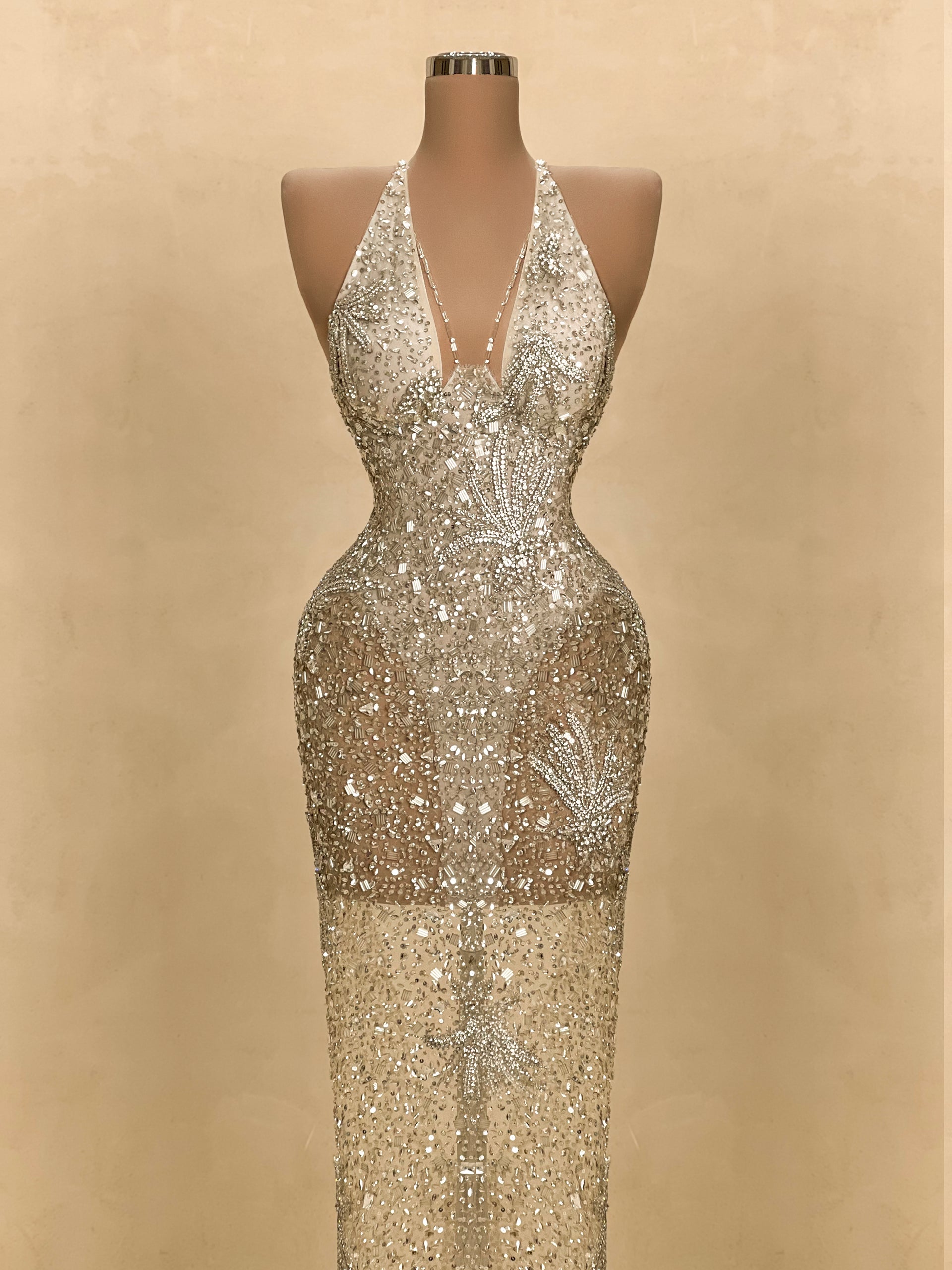 Gold Crystal Embellished Evening Dress