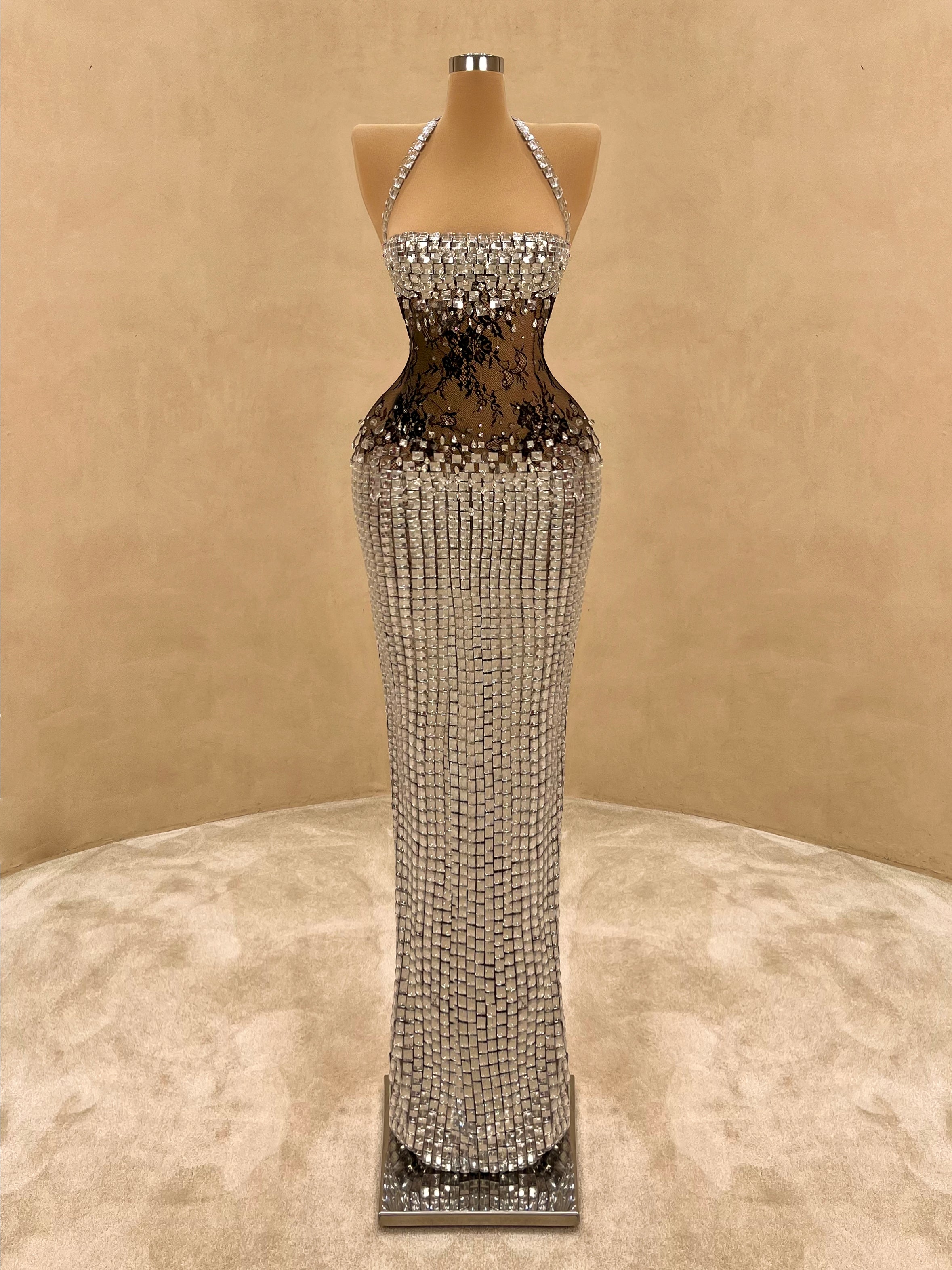 Strapless Crystal Gown with Sheer Lace Corset