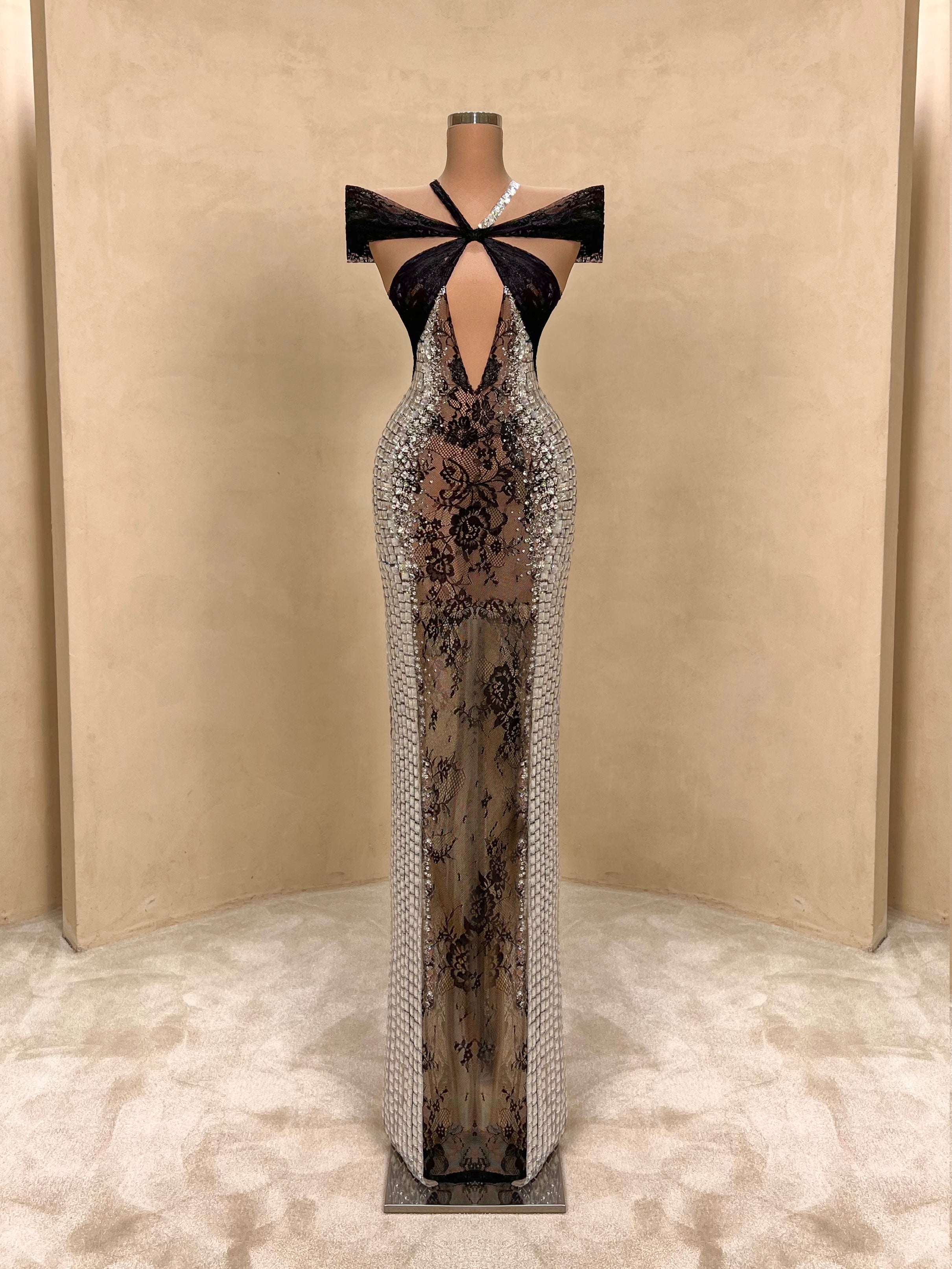 corset dress with crystals and stones Allover Crystal Rhinestone Black Corset Long See-through Prom Dress